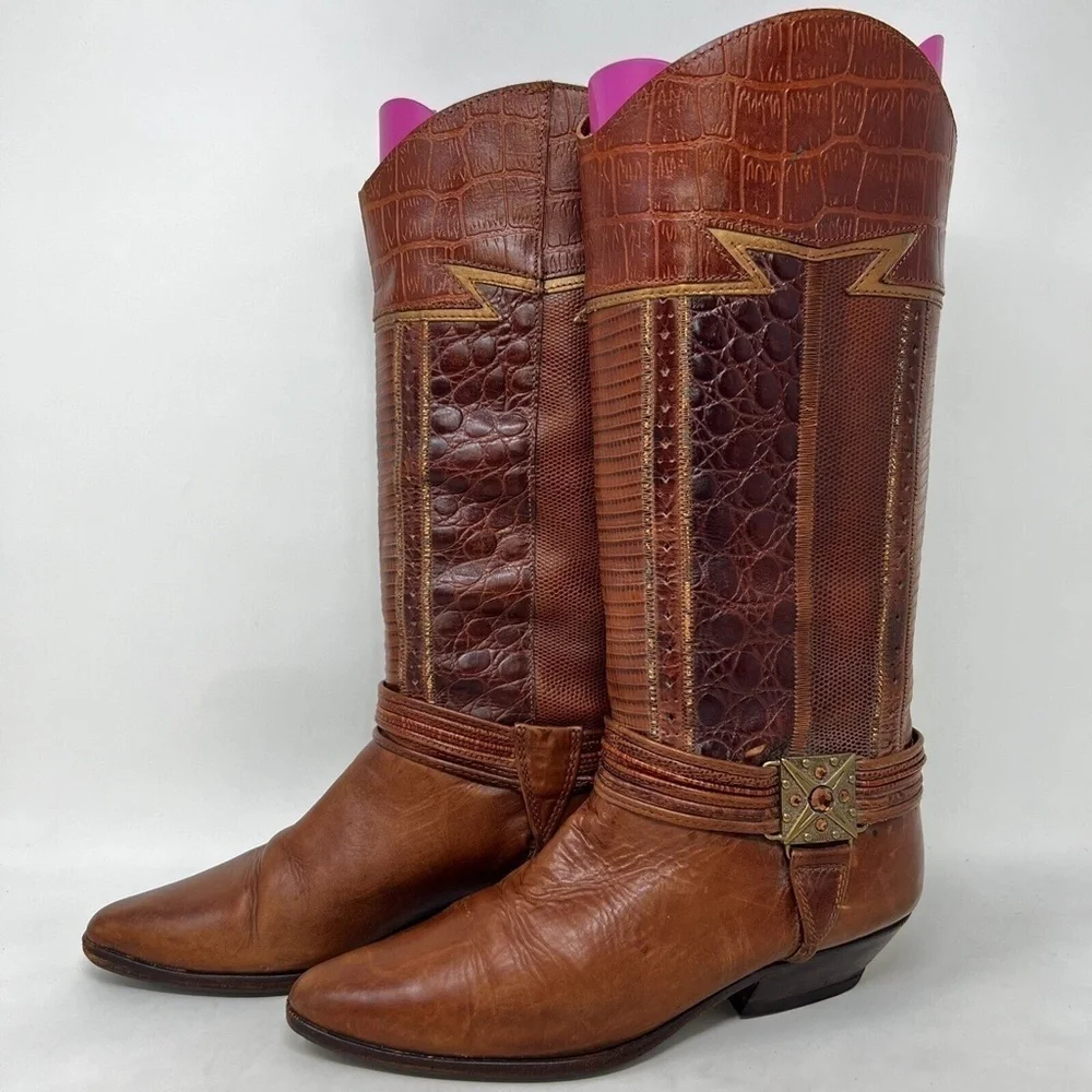 Circle S LTD Women's Western Cowboy Brown Leather Iguana Boots Size 6 M - Picture 2 of 12